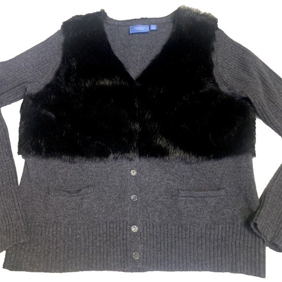 Simply Vera -Vera Wang Womens Sweater Extra-Large Grey Wool Faux Fur Cardigan - Picture 3 of 16